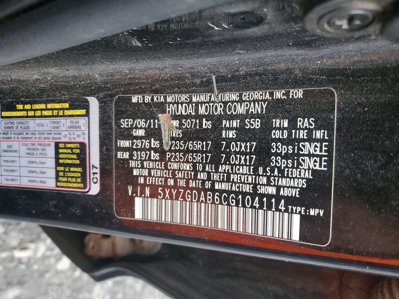 53606356 :رقم المزاد ، 5XYZGDAB6CG104114 vin ، 2012 Hyundai Santa Fe مزاد بيع