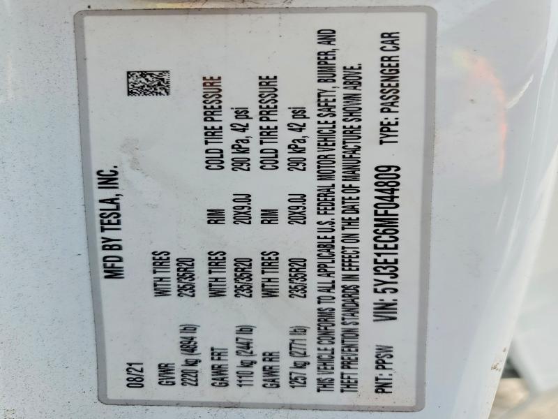 Продажа на аукционе авто 2021 Tesla Model 3, vin: 5YJ3E1EC6MF044809, номер лота: 52576486