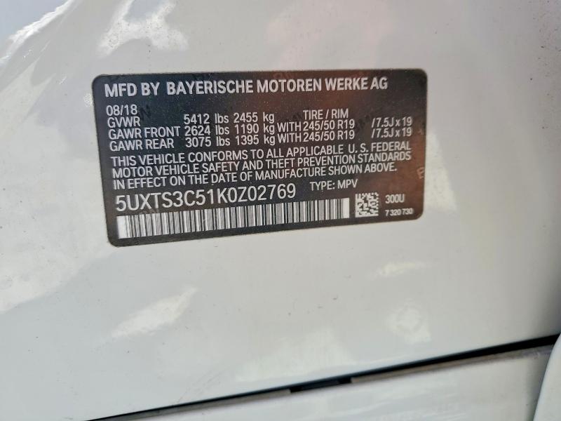 52089446 :رقم المزاد ، 5UXTS3C51K0Z02769 vin ، 2019 Bmw X3 مزاد بيع