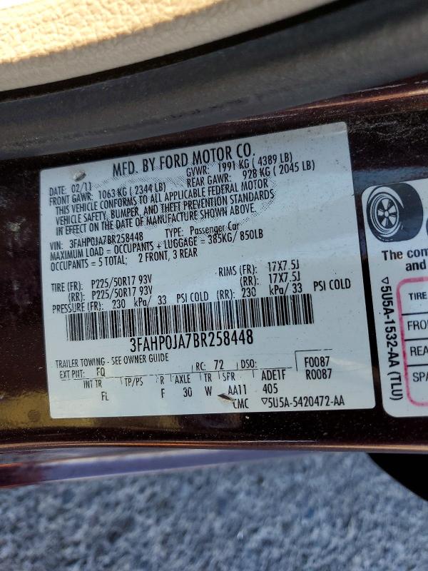 Aukcja sprzedaży 2011 Ford Fusion, vin: 3FAHP0JA7BR258448, numer aukcji: 54456326