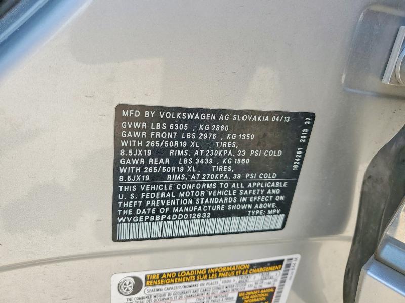 2013 Volkswagen Touareg მანქანა იყიდება აუქციონზე, vin: WVGEP9BP4DD012632, აუქციონის ნომერი: 54790666