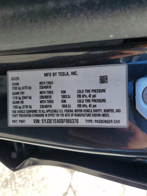 2025 Tesla Model 3 მანქანა იყიდება აუქციონზე, vin: 5YJ3E1EA0SF985376, აუქციონის ნომერი: 53667266