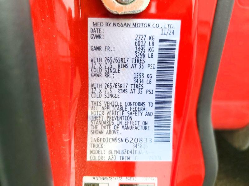 2025 Nissan Frontier მანქანა იყიდება აუქციონზე, vin: 1N6ED1CM9SN620833, აუქციონის ნომერი: 53667806