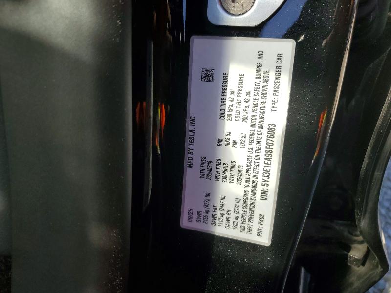 2025 Tesla Model 3 მანქანა იყიდება აუქციონზე, vin: 5YJ3E1EA9SF076083, აუქციონის ნომერი: 54269286