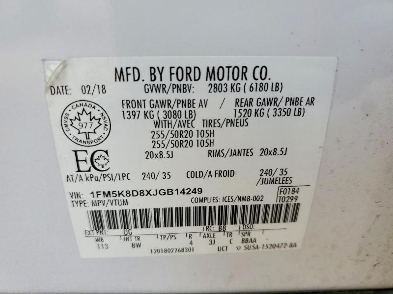 53821526 :رقم المزاد ، 1FM5K8D8XJGB14249 vin ، 2018 Ford Explorer مزاد بيع