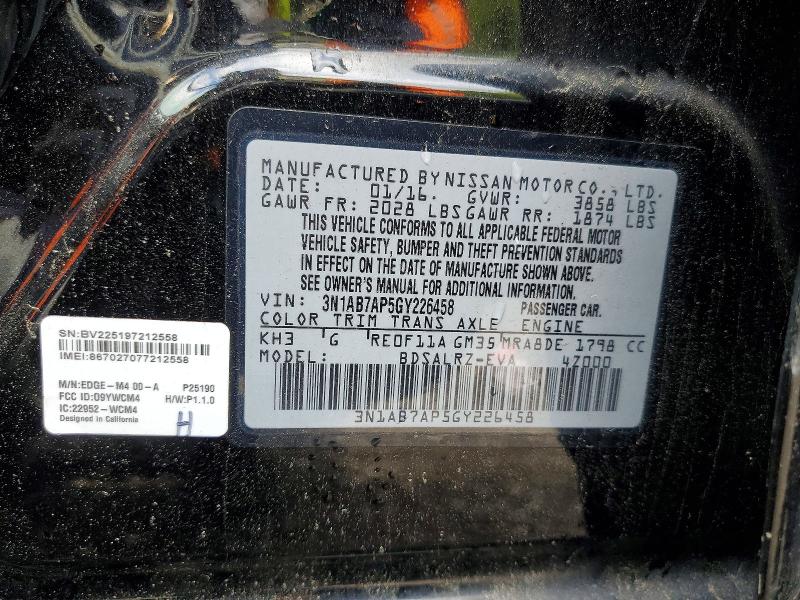 2016 Nissan Sentra მანქანა იყიდება აუქციონზე, vin: 3N1AB7AP5GY226458, აუქციონის ნომერი: 53722716