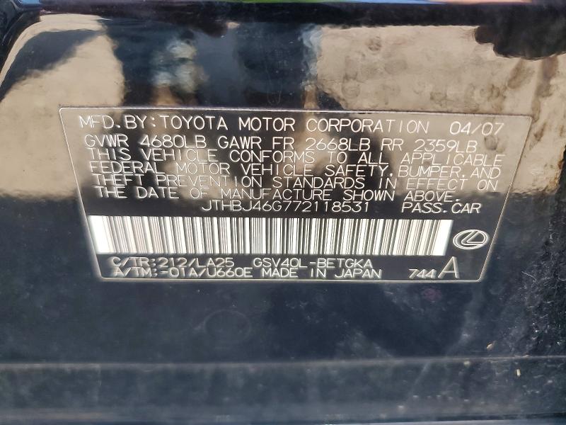 Aukcja sprzedaży 2007 Lexus Es, vin: JTHBJ46G772118531, numer aukcji: 51995136