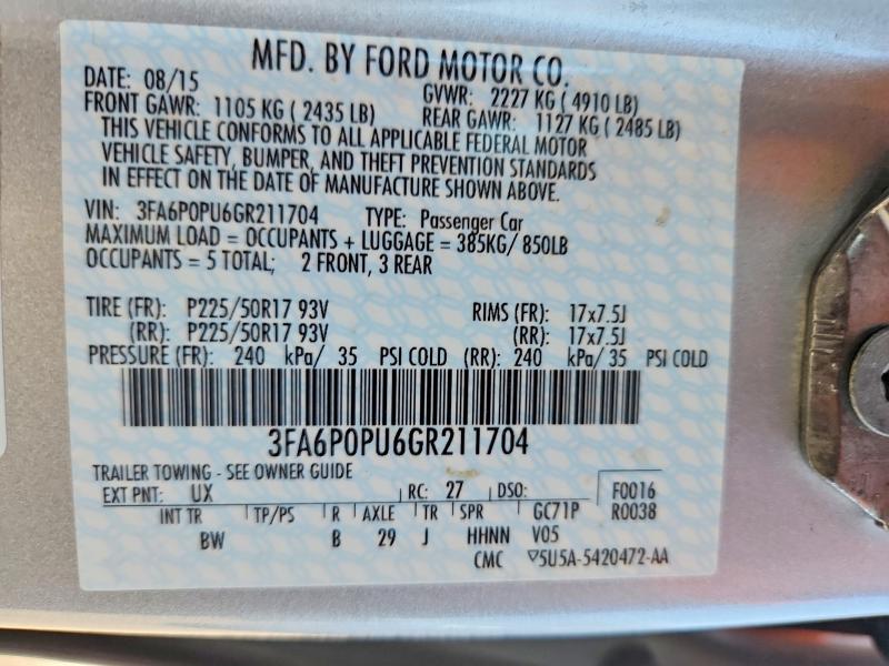 Продажа на аукционе авто 2016 Ford Fusion, vin: 3FA6P0PU6GR211704, номер лота: 53128286