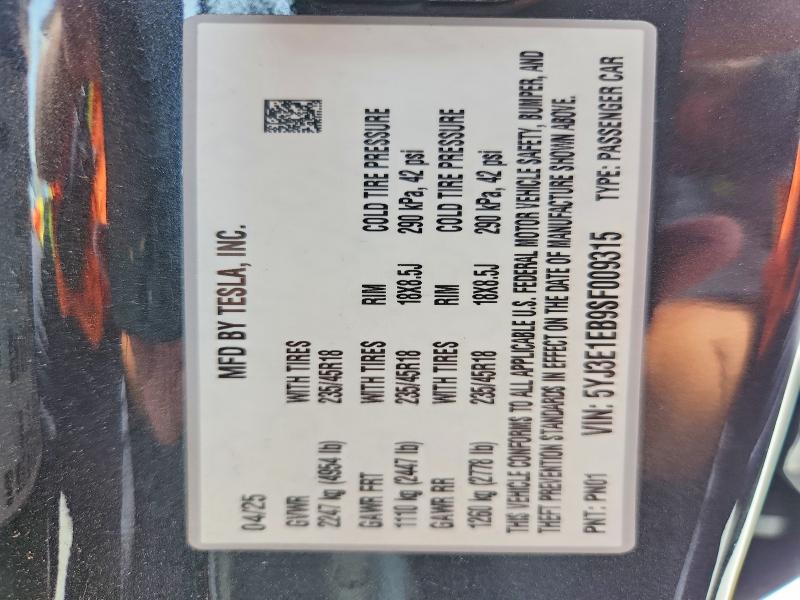 Продаж на аукціоні авто 2025 Tesla Model 3, vin: 5YJ3E1EB9SF009315, номер лоту: 55041096