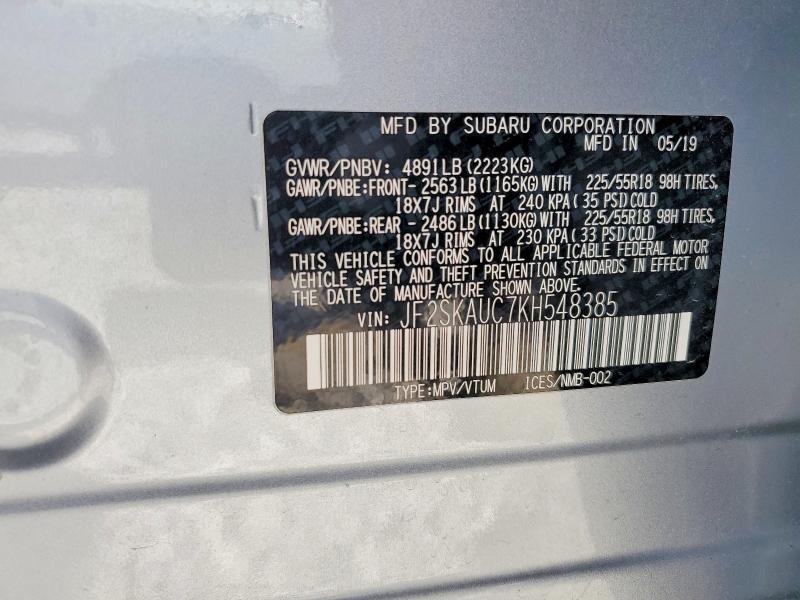 2019 Subaru Forester მანქანა იყიდება აუქციონზე, vin: JF2SKAUC7KH548385, აუქციონის ნომერი: 55328596
