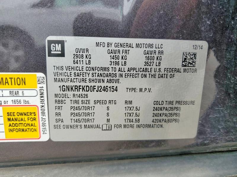 54312326 :رقم المزاد ، 1GNKRFKD0FJ246154 vin ، 2015 Chevrolet Traverse مزاد بيع