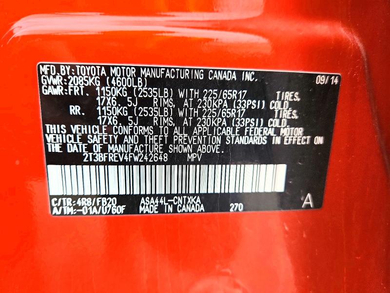 54485226 :رقم المزاد ، 2T3BFREV4FW242648 vin ، 2015 Toyota Rav4 مزاد بيع