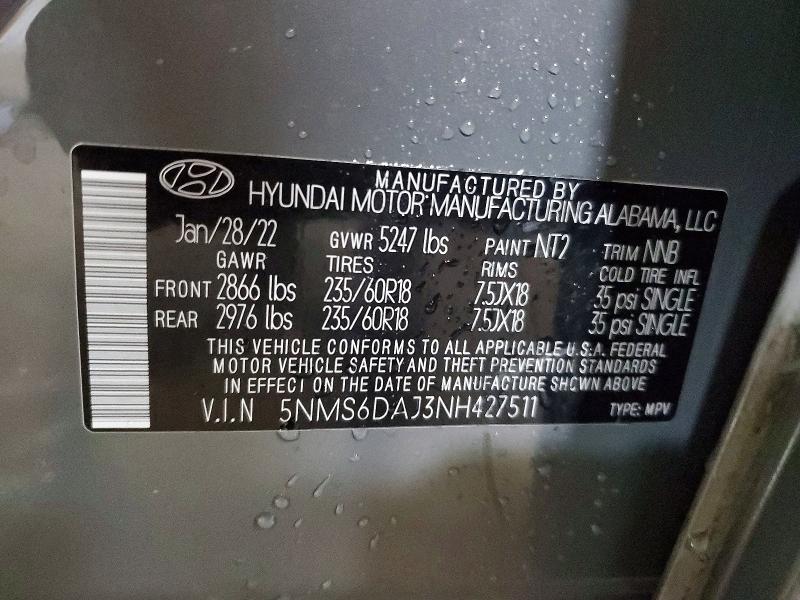 2022 Hyundai Santa Fe მანქანა იყიდება აუქციონზე, vin: 5NMS6DAJ3NH427511, აუქციონის ნომერი: 54871606