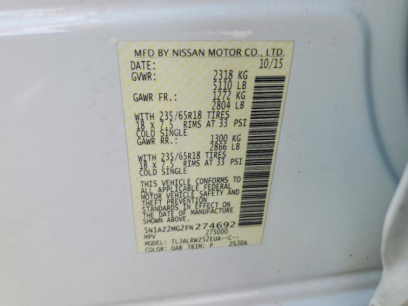 2015 Nissan Murano მანქანა იყიდება აუქციონზე, vin: 5N1AZ2MG2FN274692, აუქციონის ნომერი: 54317176