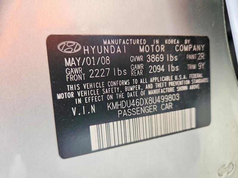 2008 Hyundai Elantra მანქანა იყიდება აუქციონზე, vin: KMHDU46DX8U499803, აუქციონის ნომერი: 54166346
