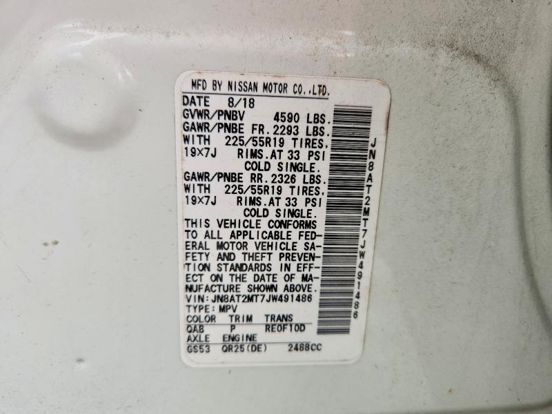 2018 Nissan Rogue მანქანა იყიდება აუქციონზე, vin: JN8AT2MT7JW491486, აუქციონის ნომერი: 54991536