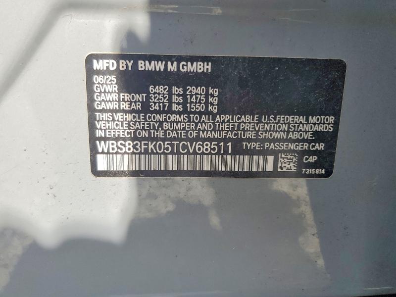 2026 Bmw M5 მანქანა იყიდება აუქციონზე, vin: WBS83FK05TCV68511, აუქციონის ნომერი: 52406316