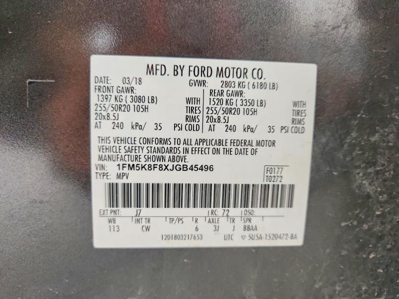 55002096 :رقم المزاد ، 1FM5K8F8XJGB45496 vin ، 2018 Ford Explorer مزاد بيع