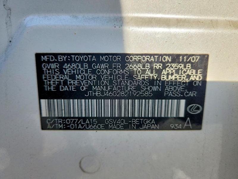 53444096 :رقم المزاد ، JTHBJ46G282192585 vin ، 2008 Lexus Es مزاد بيع