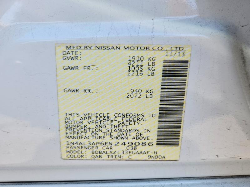 2014 Nissan Altima მანქანა იყიდება აუქციონზე, vin: 1N4AL3AP6EN249086, აუქციონის ნომერი: 55340556