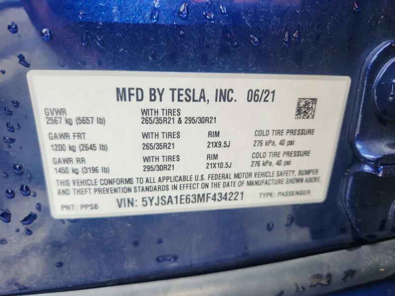 Aukcja sprzedaży 2021 Tesla Model S, vin: 5YJSA1E63MF434221, numer aukcji: 54101126