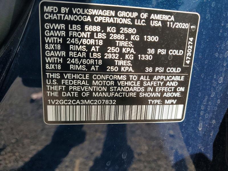 53282326 :رقم المزاد ، 1V2GC2CA3MC207832 vin ، 2021 Volkswagen Atlas Cross Sport مزاد بيع