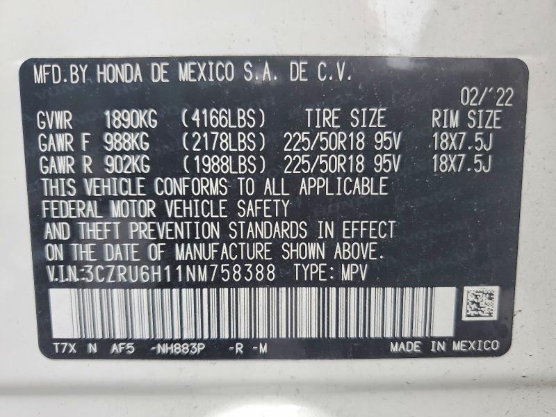 54963786 :رقم المزاد ، 3CZRU6H11NM758388 vin ، 2022 Honda Hr-v مزاد بيع