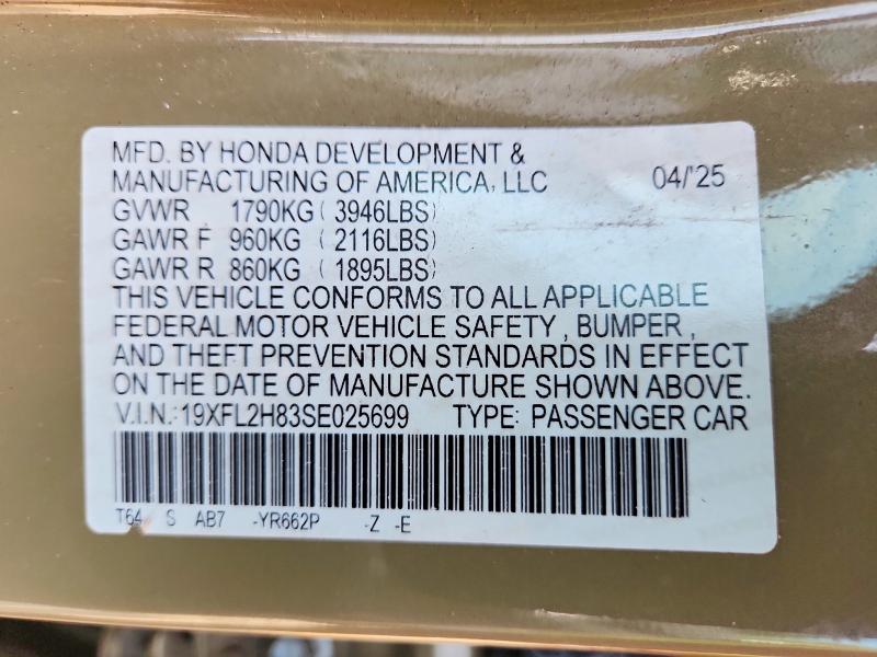 Продажа на аукционе авто 2025 Honda Civic, vin: 19XFL2H83SE025699, номер лота: 53727026