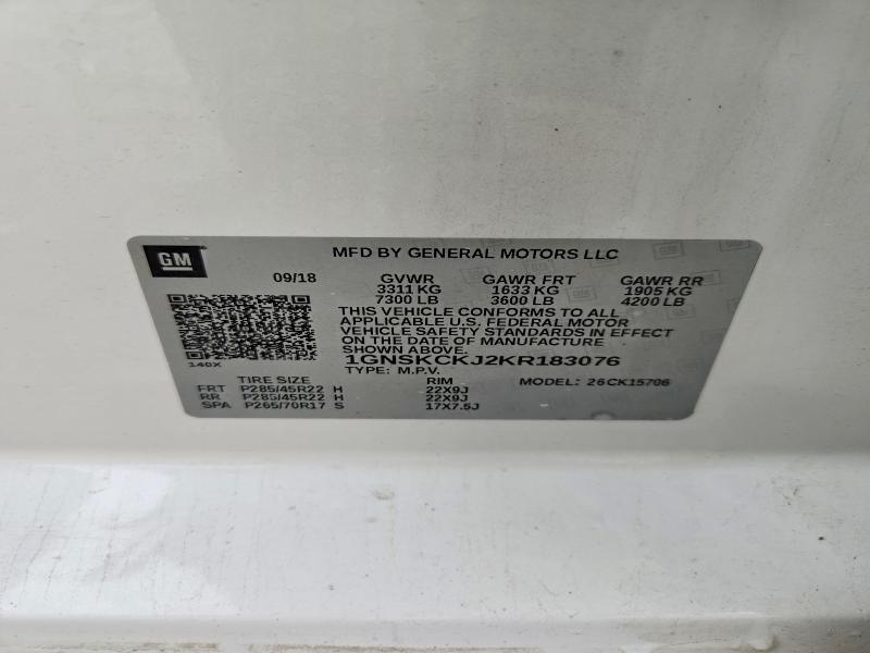 52150526 :رقم المزاد ، 1GNSKCKJ2KR183076 vin ، 2019 Chevrolet Tahoe مزاد بيع