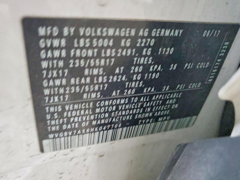 Продажа на аукционе авто 2017 Volkswagen Tiguan, vin: WVGBV7AX6HK047706, номер лота: 53431296