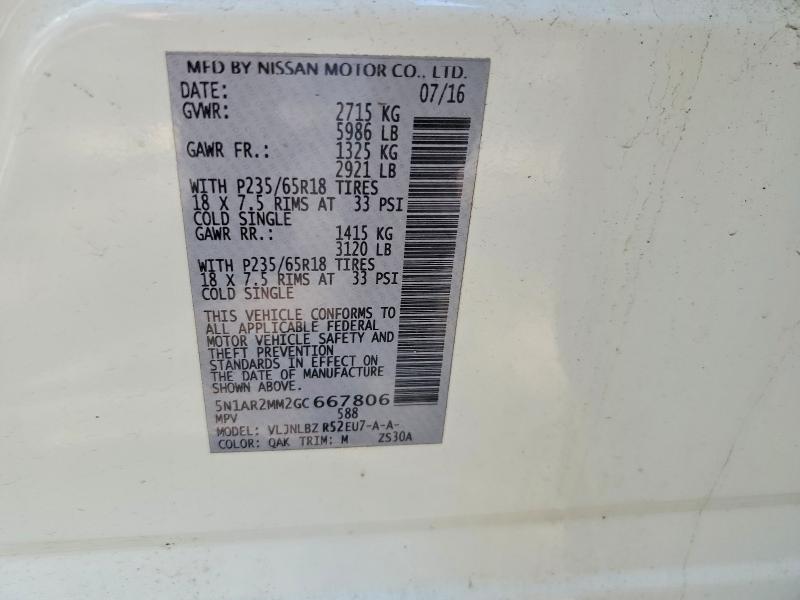 Aukcja sprzedaży 2016 Nissan Pathfinder, vin: 5N1AR2MM2GC667806, numer aukcji: 53354446