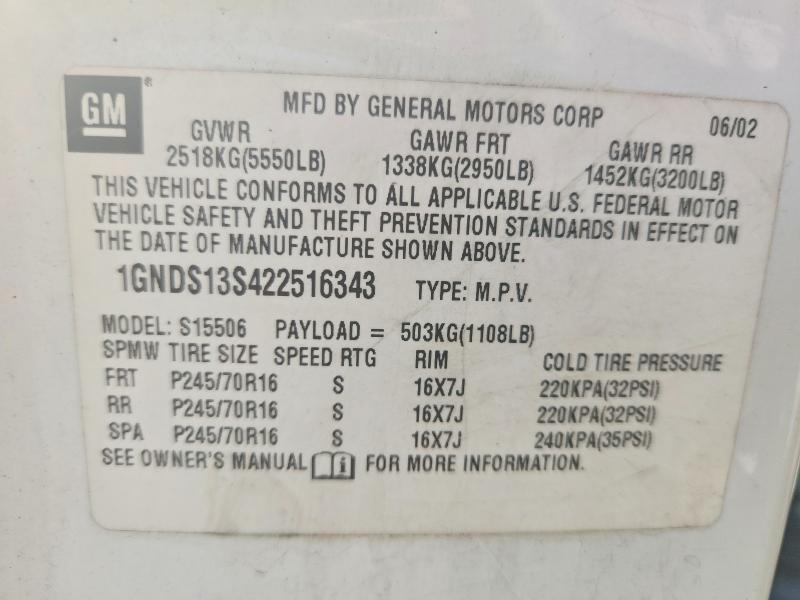 Продаж на аукціоні авто 2002 Chevrolet Trailblazer, vin: 1GNDS13S422516343, номер лоту: 53739516