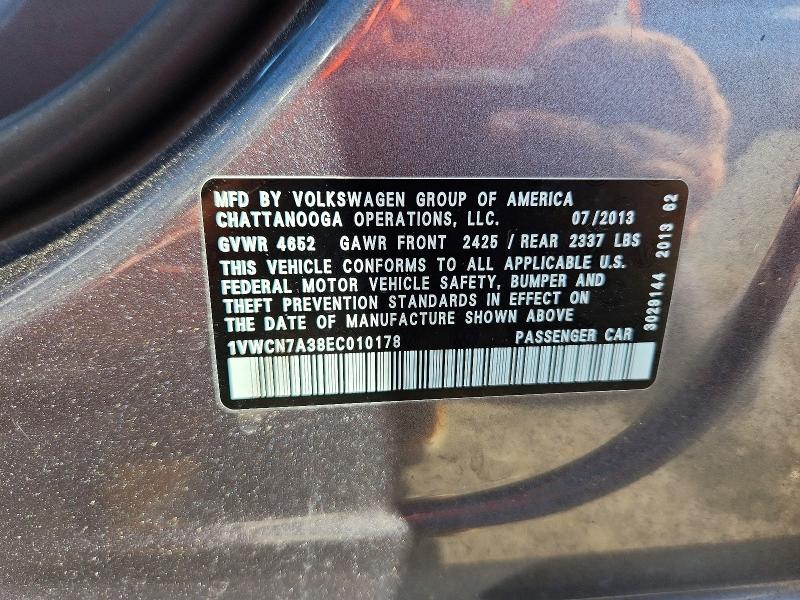 Auction sale of the 2014 Volkswagen Passat, vin: 1VWCN7A38EC010178, lot number: 51920276