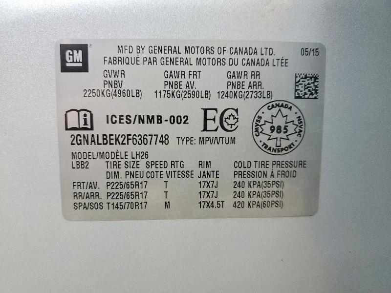 46738386 :رقم المزاد ، 2GNALBEK2F6367748 vin ، 2015 Chevrolet Equinox مزاد بيع