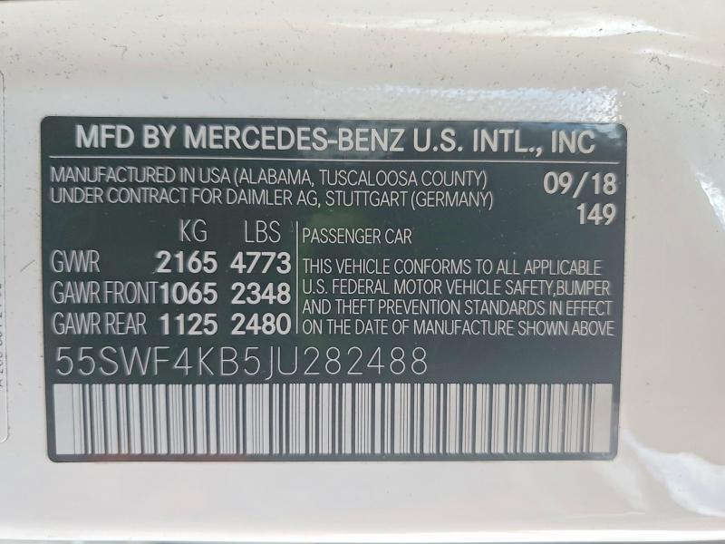 Aukcja sprzedaży 2018 Mercedes-benz C, vin: 55SWF4KB5JU282488, numer aukcji: 51917266
