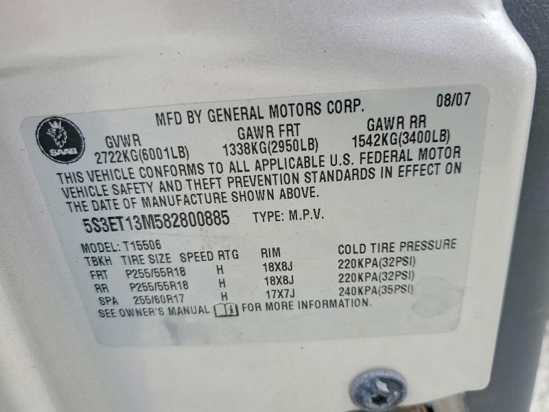 53162786 :رقم المزاد ، 5S3ET13M582800885 vin ، 2008 Saab 9-7x مزاد بيع
