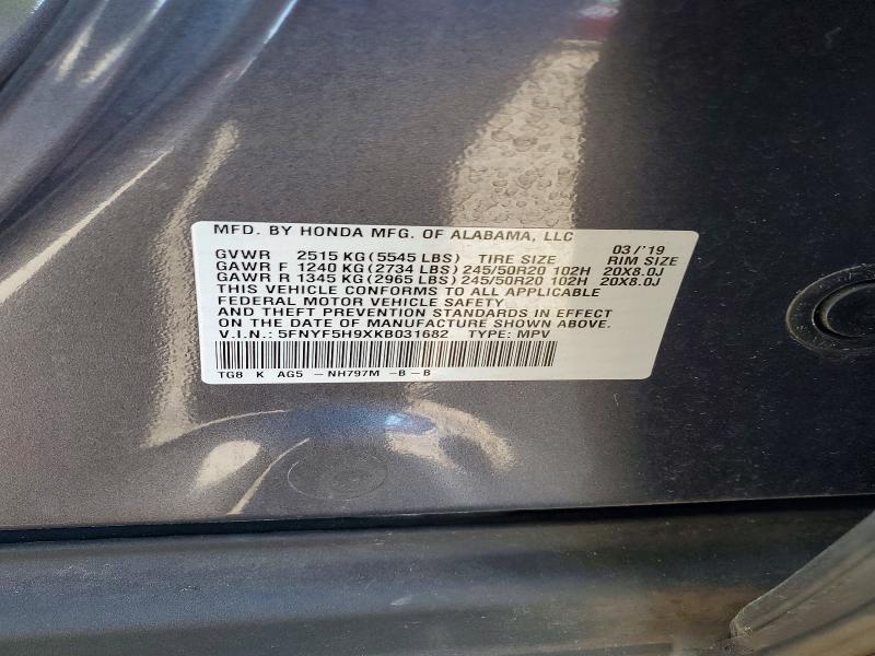 53614526 :رقم المزاد ، 5FNYF5H9XKB031682 vin ، 2019 Honda Pilot مزاد بيع