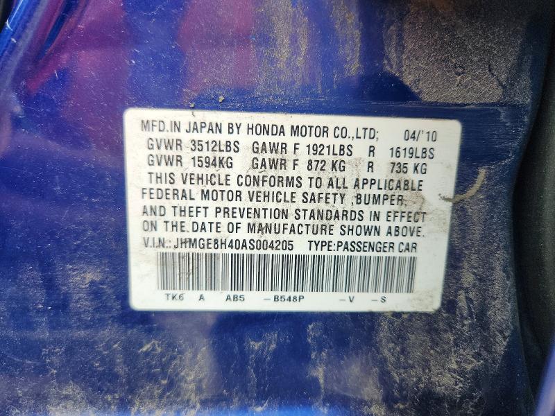 2010 Honda Fit მანქანა იყიდება აუქციონზე, vin: JHMGE8H40AS004205, აუქციონის ნომერი: 54625166