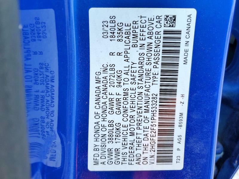 2023 Honda Civic მანქანა იყიდება აუქციონზე, vin: 2HGFE2F51PH533282, აუქციონის ნომერი: 52407446