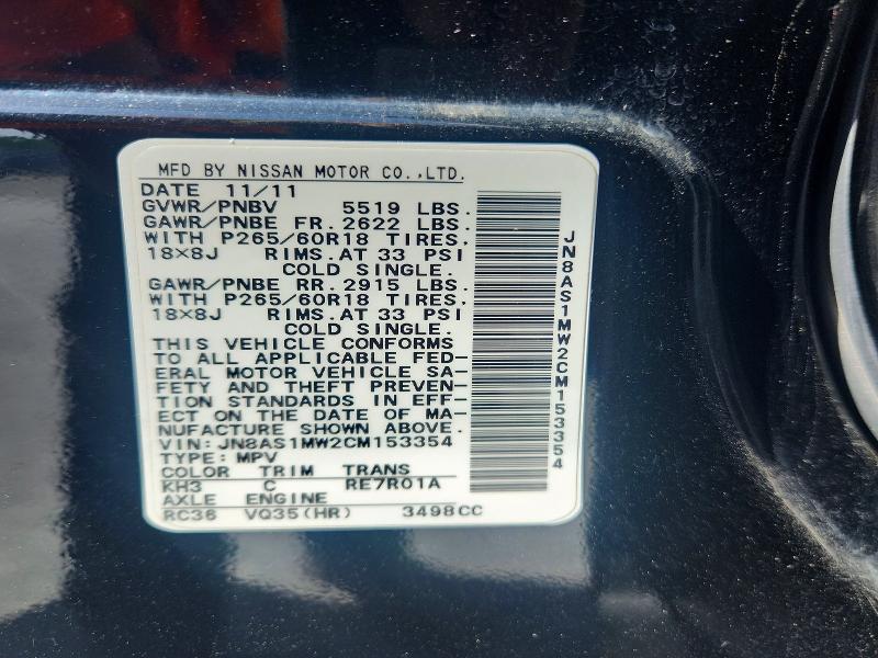 52258886 :رقم المزاد ، JN8AS1MW2CM153354 vin ، 2012 Infiniti Fx35 مزاد بيع