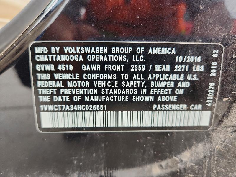2017 Volkswagen Passat მანქანა იყიდება აუქციონზე, vin: 1VWCT7A34HC026551, აუქციონის ნომერი: 54115546