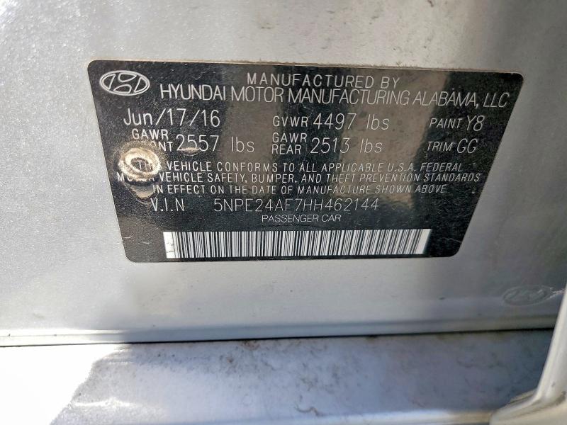 2017 Hyundai Sonata მანქანა იყიდება აუქციონზე, vin: 5NPE24AF7HH462144, აუქციონის ნომერი: 53257846