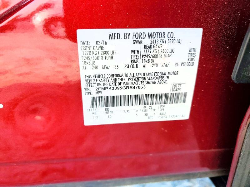 2016 Ford Edge მანქანა იყიდება აუქციონზე, vin: 2FMPK3J95GBB47863, აუქციონის ნომერი: 51935106