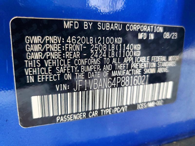 Продаж на аукціоні авто 2023 Subaru Wrx, vin: JF1VBAN64P8816021, номер лоту: 52640976