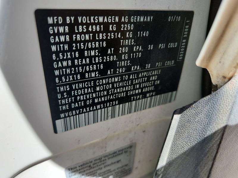 Продажа на аукционе авто 2010 Volkswagen Tiguan, vin: WVGBV7AX4AW518296, номер лота: 54009316