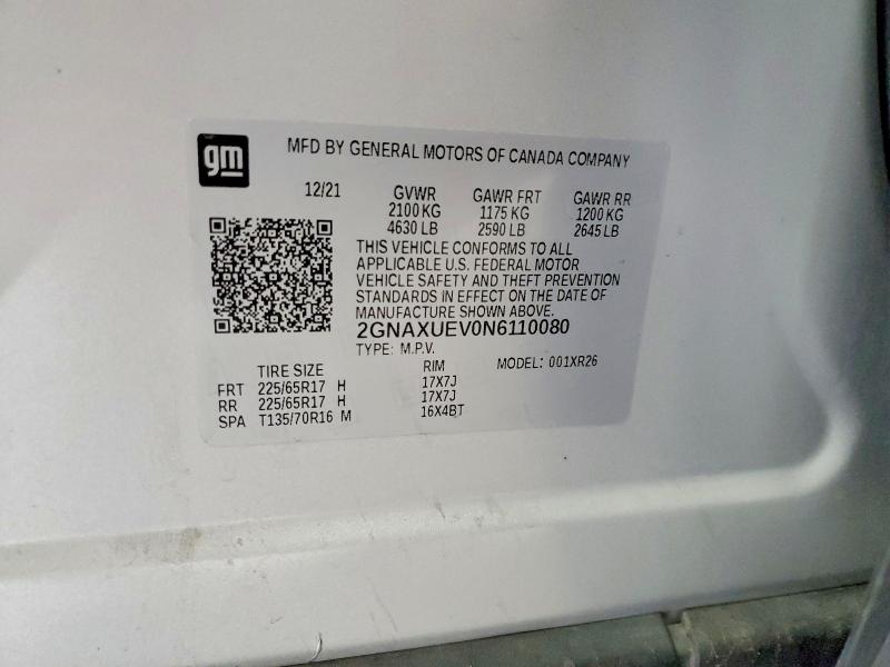 53736116 :رقم المزاد ، 2GNAXUEV0N6110080 vin ، 2022 Chevrolet Equinox مزاد بيع