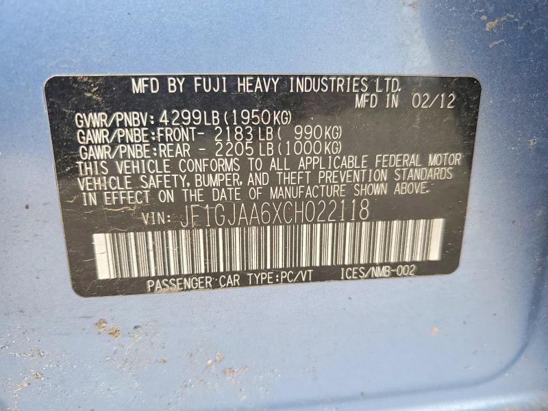 Aukcja sprzedaży 2012 Subaru Impreza, vin: JF1GJAA6XCH022118, numer aukcji: 52606776