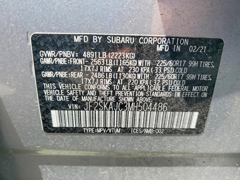 52218226 :رقم المزاد ، JF2SKAJC3MH504486 vin ، 2021 Subaru Forester مزاد بيع