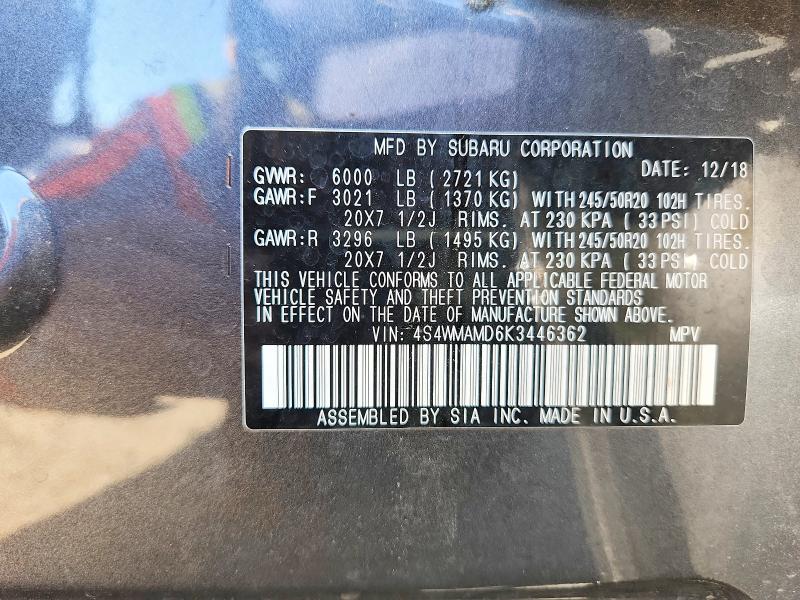 2019 Subaru Ascent მანქანა იყიდება აუქციონზე, vin: 4S4WMAMD6K3446362, აუქციონის ნომერი: 51962036
