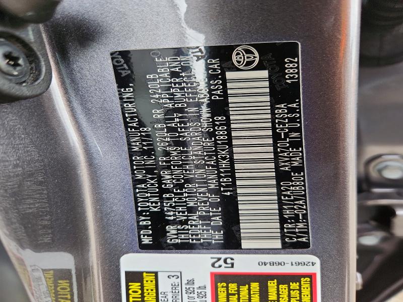 2019 Toyota Camry მანქანა იყიდება აუქციონზე, vin: 4T1B11HK3KU188618, აუქციონის ნომერი: 53455166